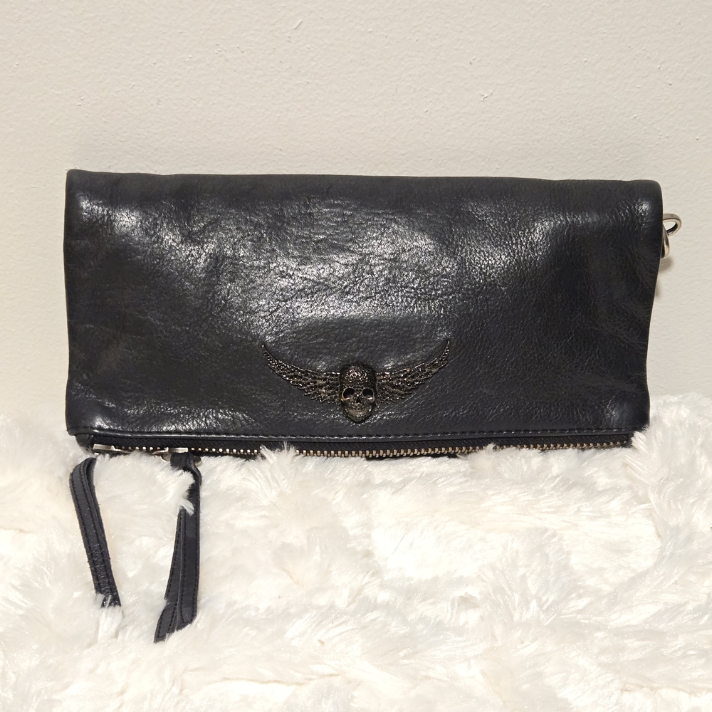 Zadig & Voltaire Rock Leather Black Clutch with Winged Skull Detail